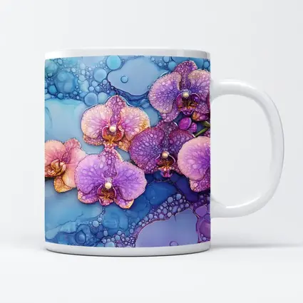 Purple Pink Orchids Alcohol Ink Blue Background