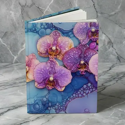 Purple Pink Orchids Alcohol Ink Blue Background