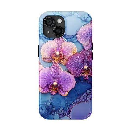 Purple Pink Orchids Alcohol Ink Blue Background