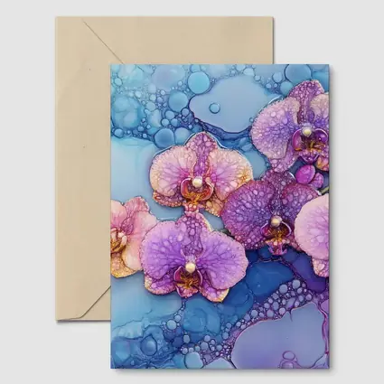 Purple Pink Orchids Alcohol Ink Blue Background