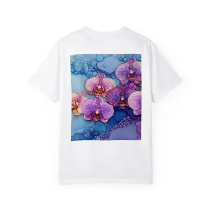 Purple Pink Orchids Alcohol Ink Blue Background