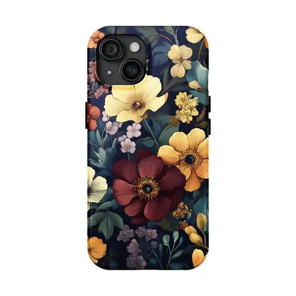 Dark Botanical Floral Pattern Navy Background