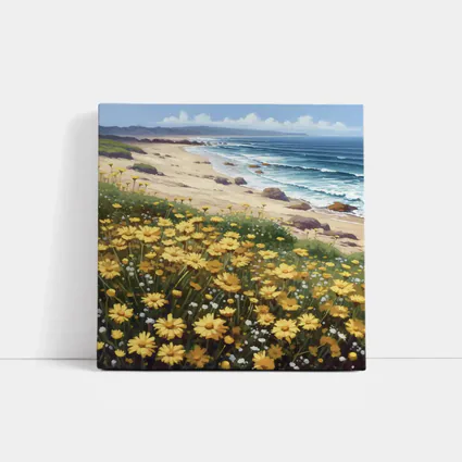 Yellow Daisies Coastal Beach Ocean Landscape Painting