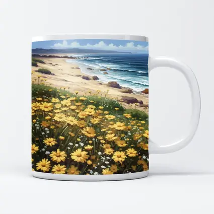 Yellow Daisies Coastal Beach Ocean Landscape Painting
