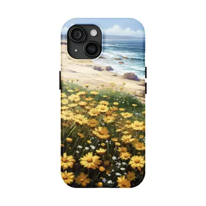 Yellow Daisies Coastal Beach Ocean Landscape Painting