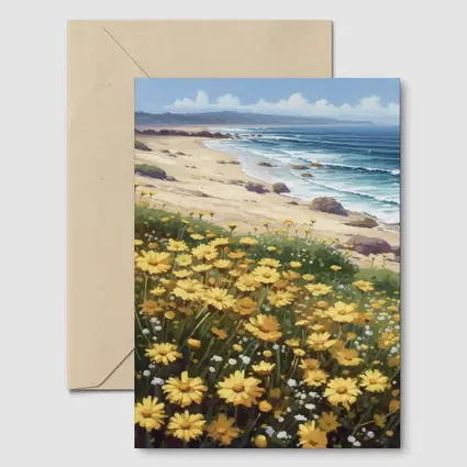 Yellow Daisies Coastal Beach Ocean Landscape Painting