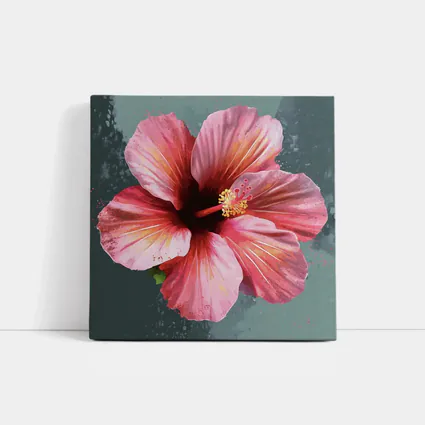 Pink Hibiscus Flower Painting Teal Background