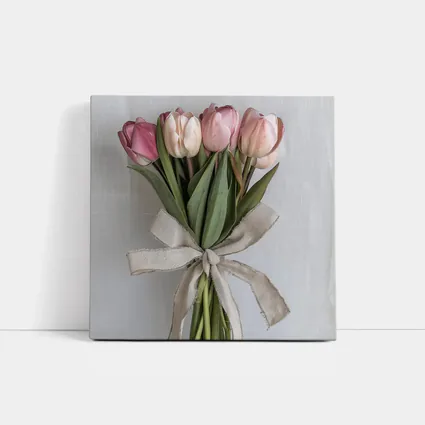 Pink Tulips Bouquet With Linen Ribbon