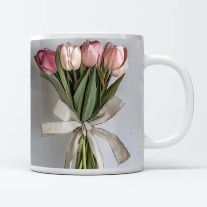 Pink Tulips Bouquet With Linen Ribbon