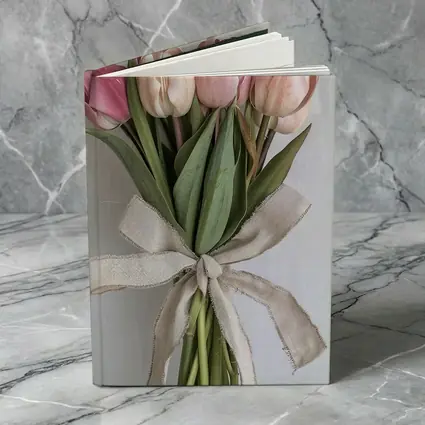 Pink Tulips Bouquet With Linen Ribbon
