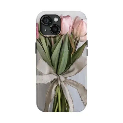 Pink Tulips Bouquet With Linen Ribbon