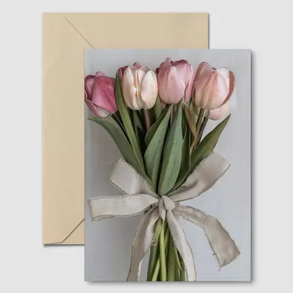 Pink Tulips Bouquet With Linen Ribbon