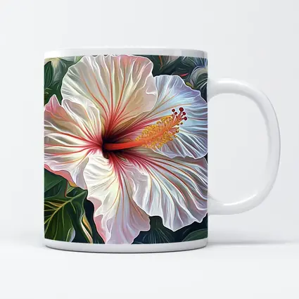 White Hibiscus Flower Tropical Leaves Art