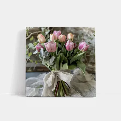 Pink Tulips Bouquet Rustic Linen Ribbon