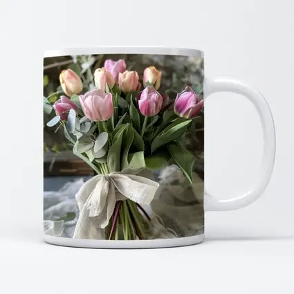 Pink Tulips Bouquet Rustic Linen Ribbon