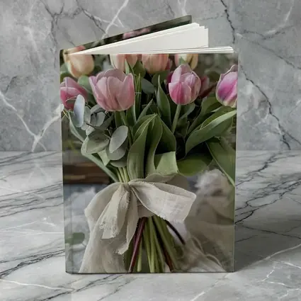 Pink Tulips Bouquet Rustic Linen Ribbon