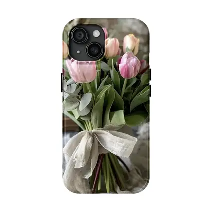 Pink Tulips Bouquet Rustic Linen Ribbon