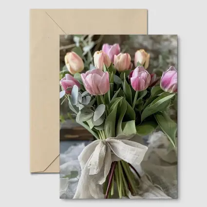 Pink Tulips Bouquet Rustic Linen Ribbon