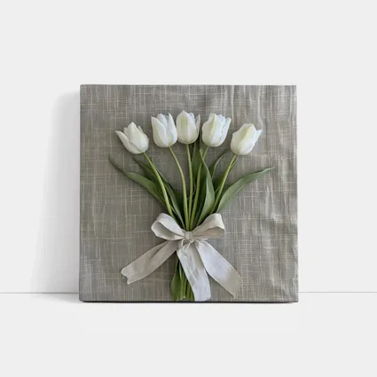 White Tulips Bouquet Tied With Linen Ribbon