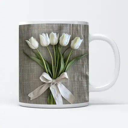 White Tulips Bouquet Tied With Linen Ribbon