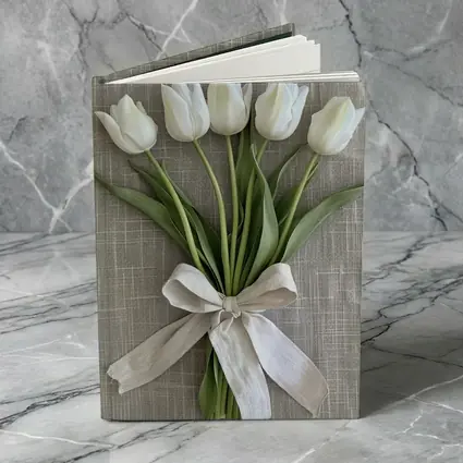 White Tulips Bouquet Tied With Linen Ribbon