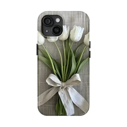 White Tulips Bouquet Tied With Linen Ribbon