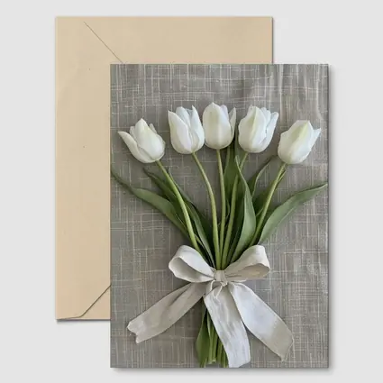 White Tulips Bouquet Tied With Linen Ribbon