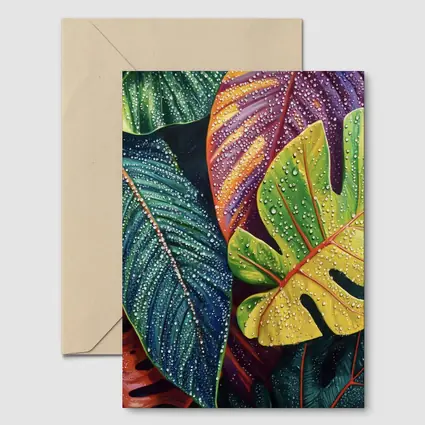 Tropical Monstera Leaves With Dew Drops