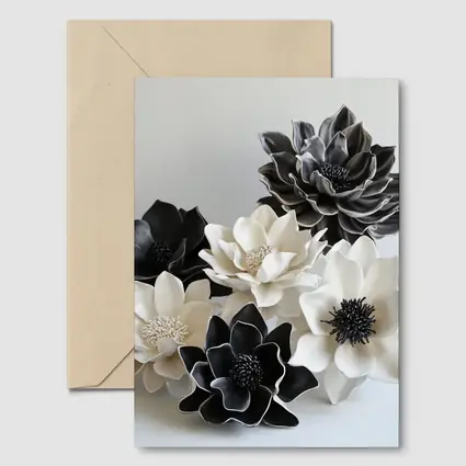 Black White Ceramic Dahlia Flowers Sculptural Art