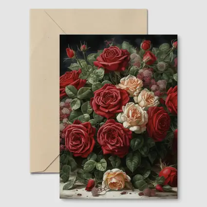 Red and Cream Roses Dark Floral Painting