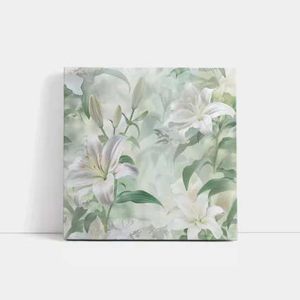 White Lily Flowers Soft Green Botanical Art