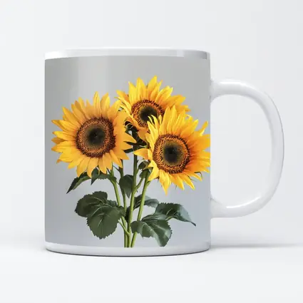 Three Sunflowers Bouquet On Gray Background