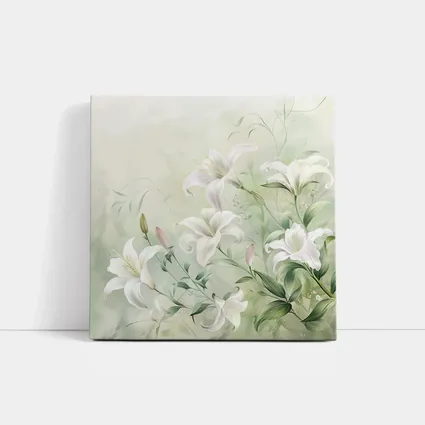 White Lily Flowers Soft Green Botanical Art