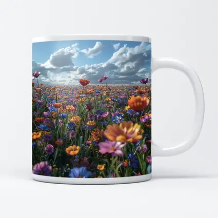 Colorful Wildflower Field Cloudy Blue Sky