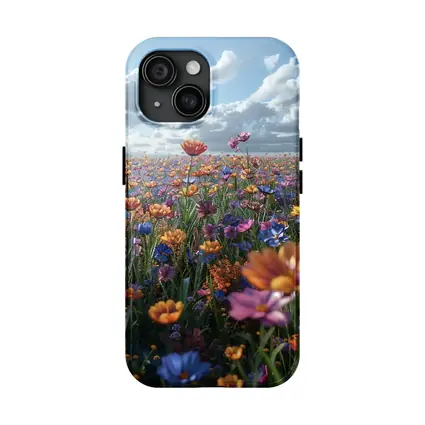 Colorful Wildflower Field Cloudy Blue Sky