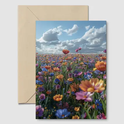 Colorful Wildflower Field Cloudy Blue Sky