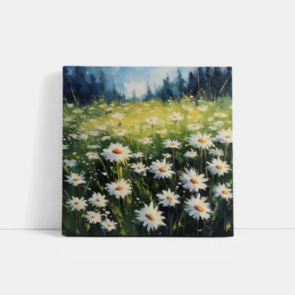 Daisy Field Oil Painting Green Forest Background