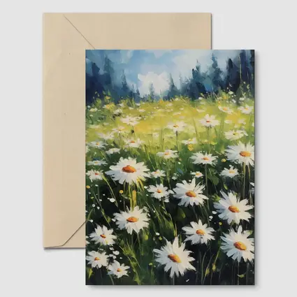 Daisy Field Oil Painting Green Forest Background