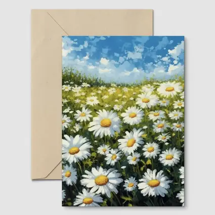 Daisy Field Painting Blue Sky Summer