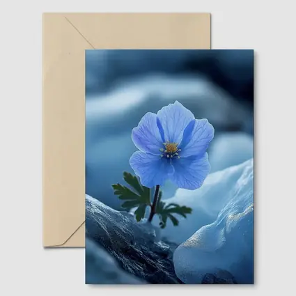 Blue Himalayan Poppy Growing Between Icy Rocks