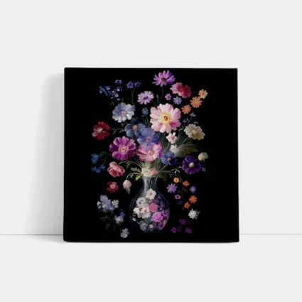 Mixed Flowers Glass Vase Black Background