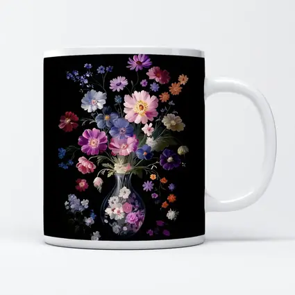 Mixed Flowers Glass Vase Black Background