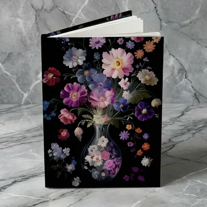 Mixed Flowers Glass Vase Black Background
