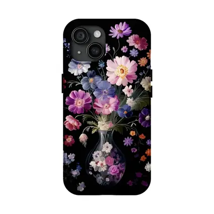 Mixed Flowers Glass Vase Black Background