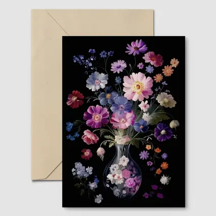 Mixed Flowers Glass Vase Black Background