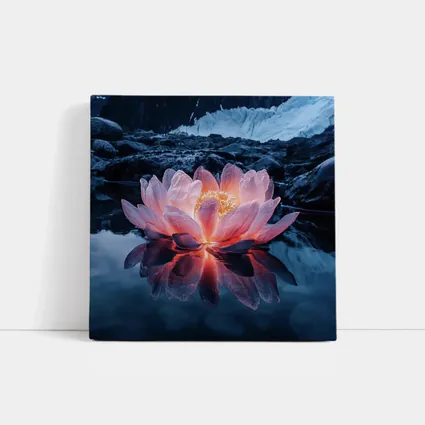 Glowing Lotus Flower on Dark Mountain Lake