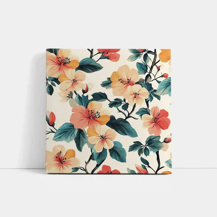 Tropical Floral Pattern Peach Coral Teal Leaves