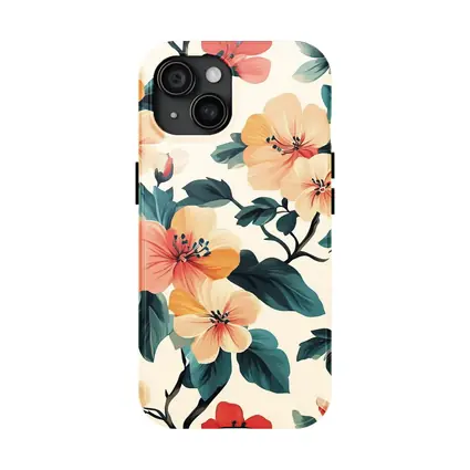 Tropical Floral Pattern Peach Coral Teal Leaves