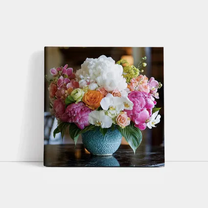 Pink Peonies Roses Orchids Blue Vase Arrangement