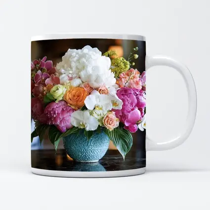 Pink Peonies Roses Orchids Blue Vase Arrangement